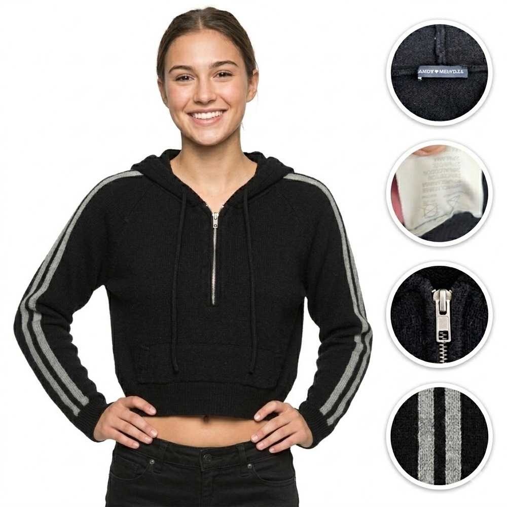 Brandy Melville Wool Blend Knit Hoodie Quarter Zip Black Stripe‎ Womens One Size